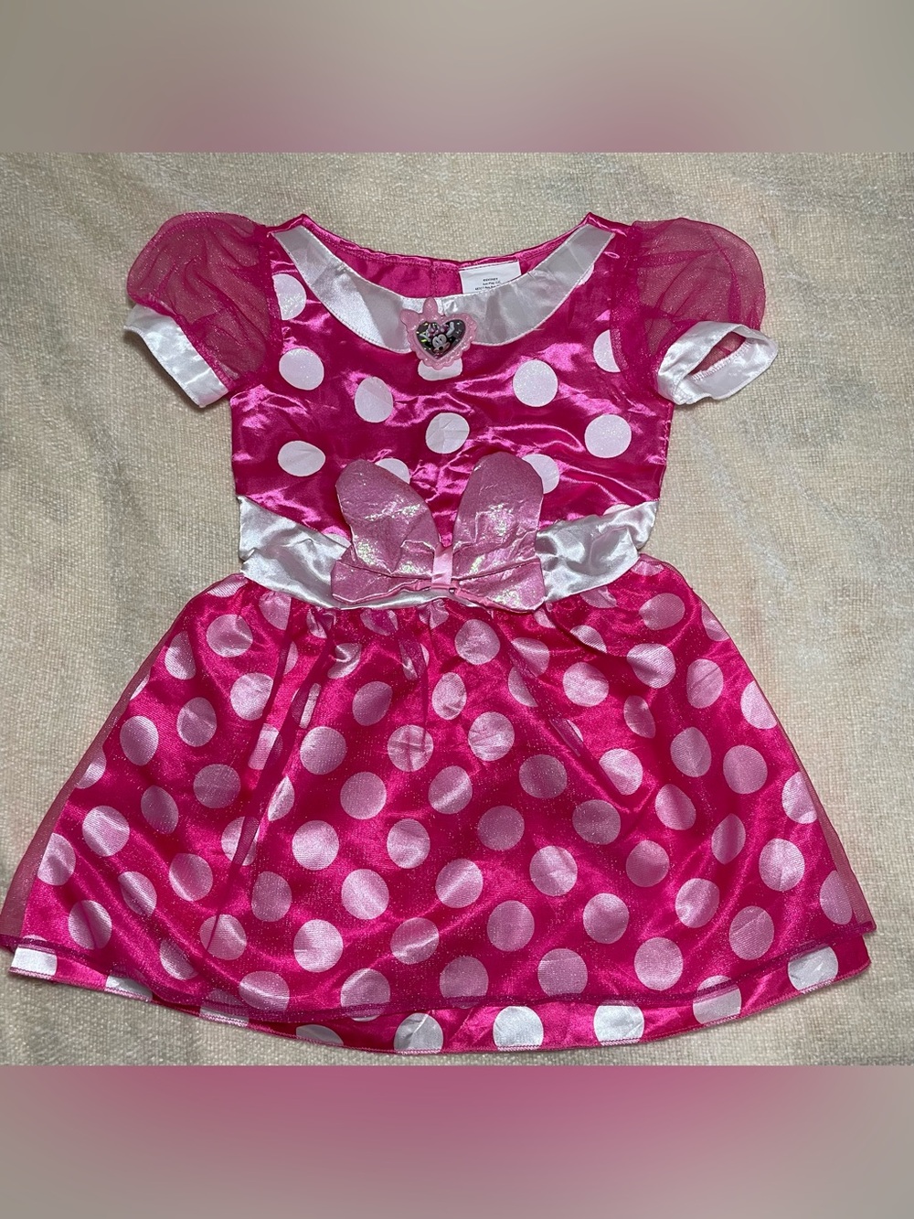 Disney Pink Polka Dot Minnie Costume Dress with Bow Heart Badge Girl size 4-6